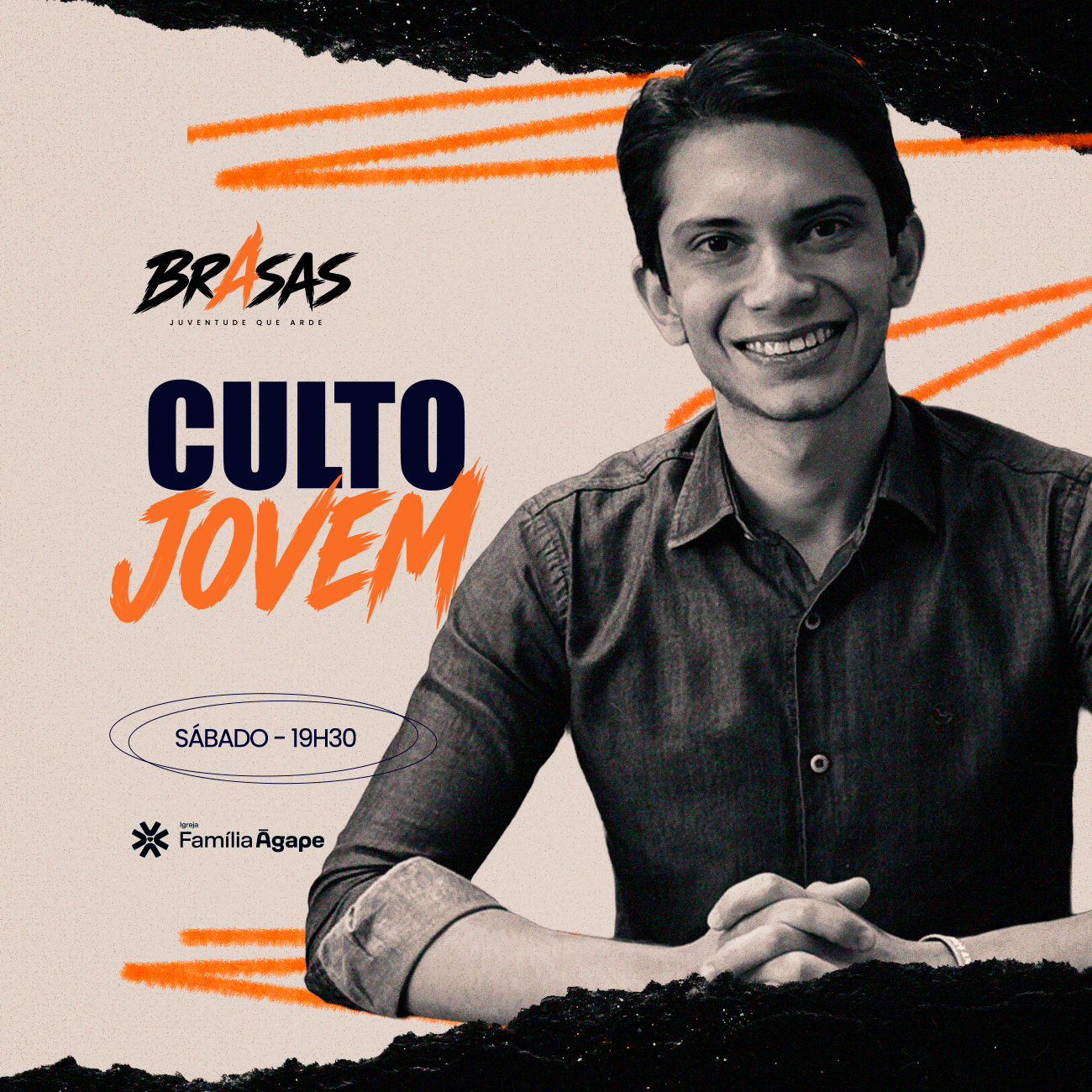 Convite de feed do Culto Jovem, sábado às 19h30, Igreja Família Ágape