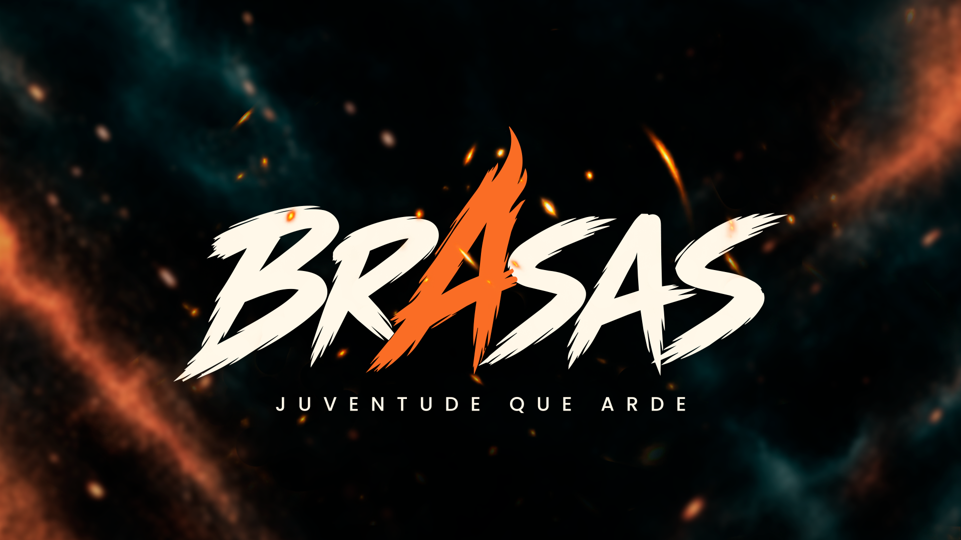 Logo BRASAS em marfim e laranja sobre fundo escuro com fagulhas para telão